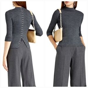 Maje Manuelle Chain Link Detail Ribbed Sweater Top Mid Sleeves In Grey Size 2